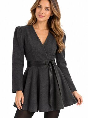 Ka Pu Mi Dark Grey Fit & Flare Coat with Faux Leather Waist Belt Size M